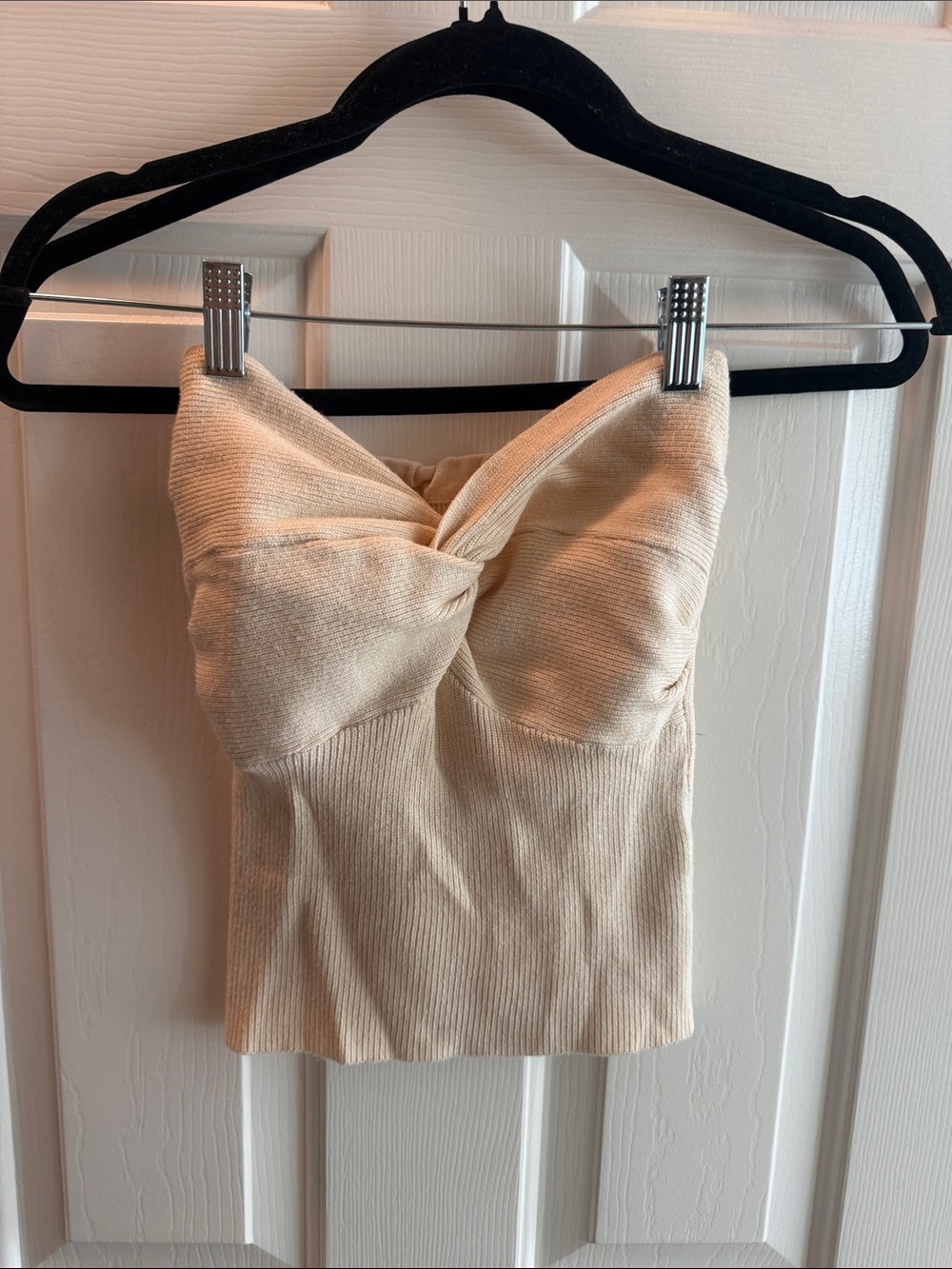 Amazon Cream Strapless Twist-Front Ribbed Crop Top